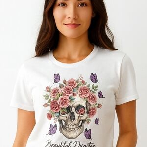 Beautiful Disaster Skull Tee • Roses & Butterflies • Gothic Western Graphic
